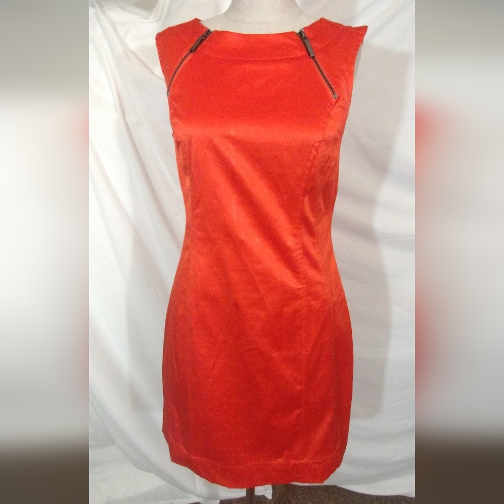 Calvin Klein TAG Satin Dress, Sleeveless SHIFT, ZipUp, Orange, Stretchy, 4